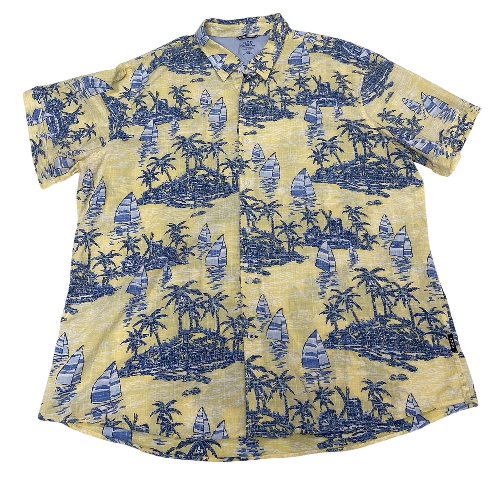 IZOD Saltwater XXL Yellow‎ Blue Hawaiian Shirt Palm Sailboat Cotton